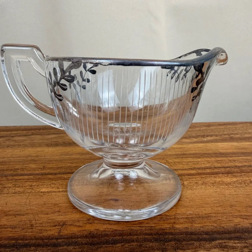 Vintage Art Deco Glass Creamer and Sugar Set  Floral Silver  Overlay Rim Ribbed